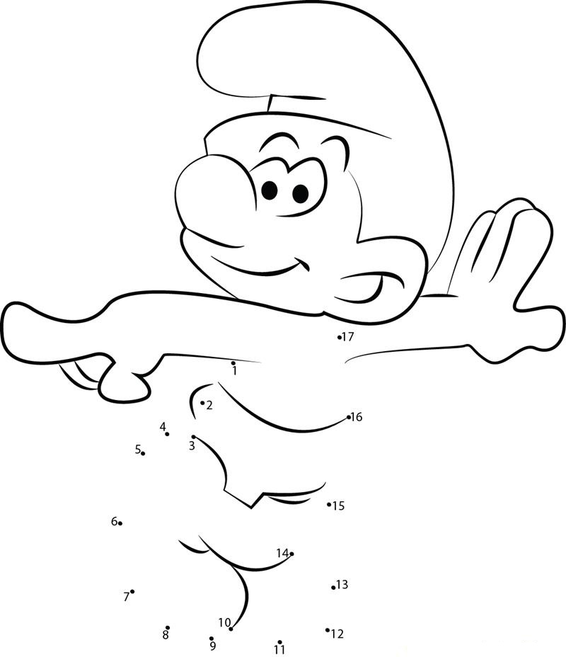 Handy Smurf printable dot to dot worksheet