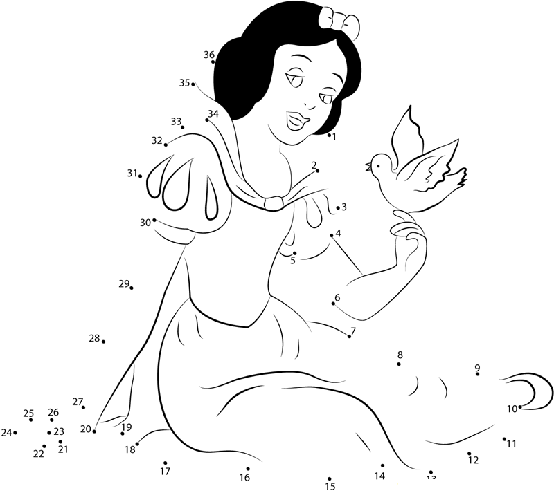 Beautiful Snow White dot to dot worksheets