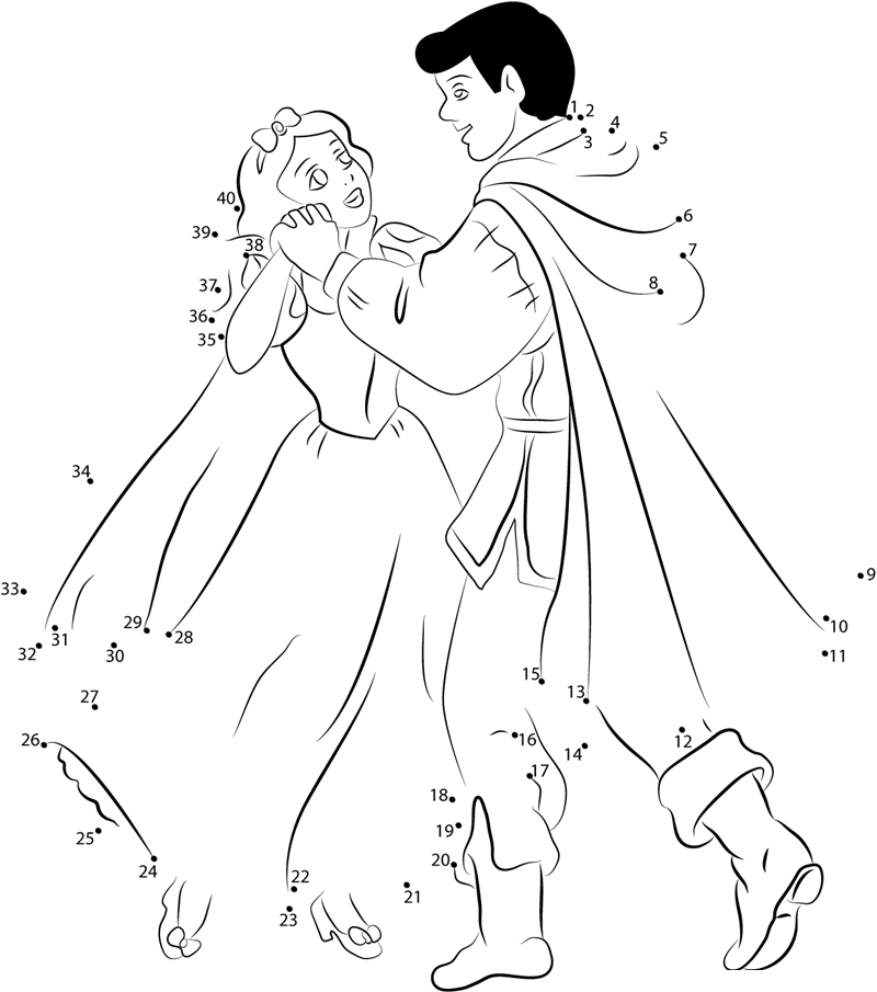 Princess Snow White With Prince Dancing printable dot to dot worksheet