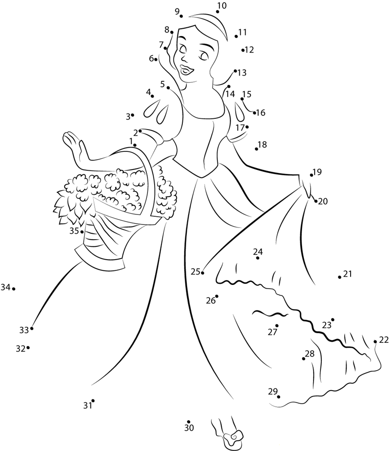 Snow White Having Flowers Basket dot to dot worksheets