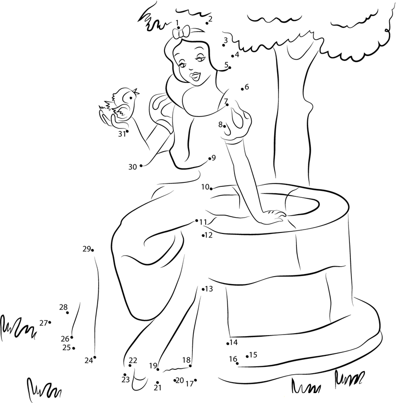 Snow White Sitting On Well printable dot to dot worksheet