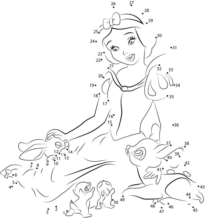 Snow White With Deer And Rabbit dot to dot worksheets