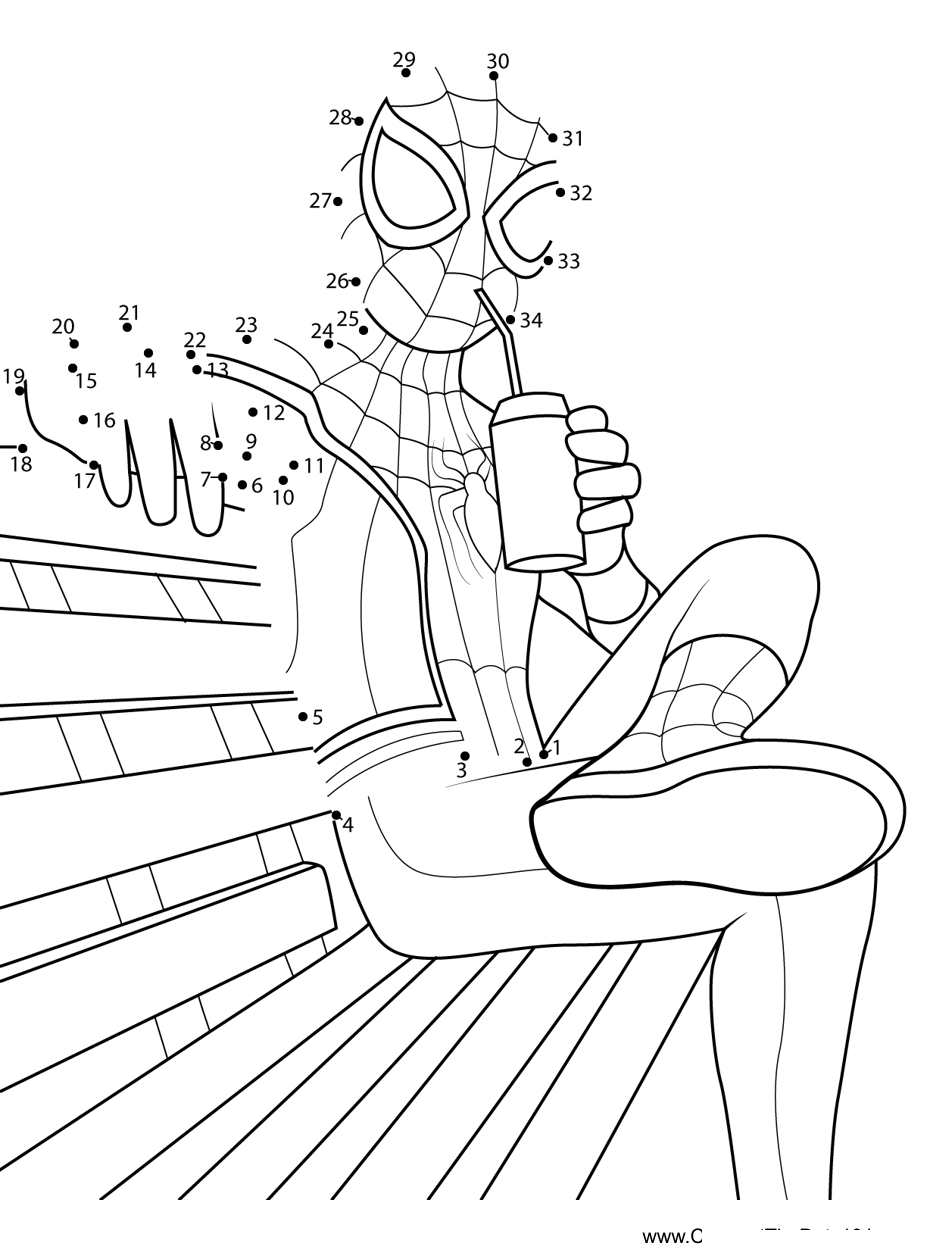 Spiderman-Drinking-A-Softdrink printable dot to dot worksheet