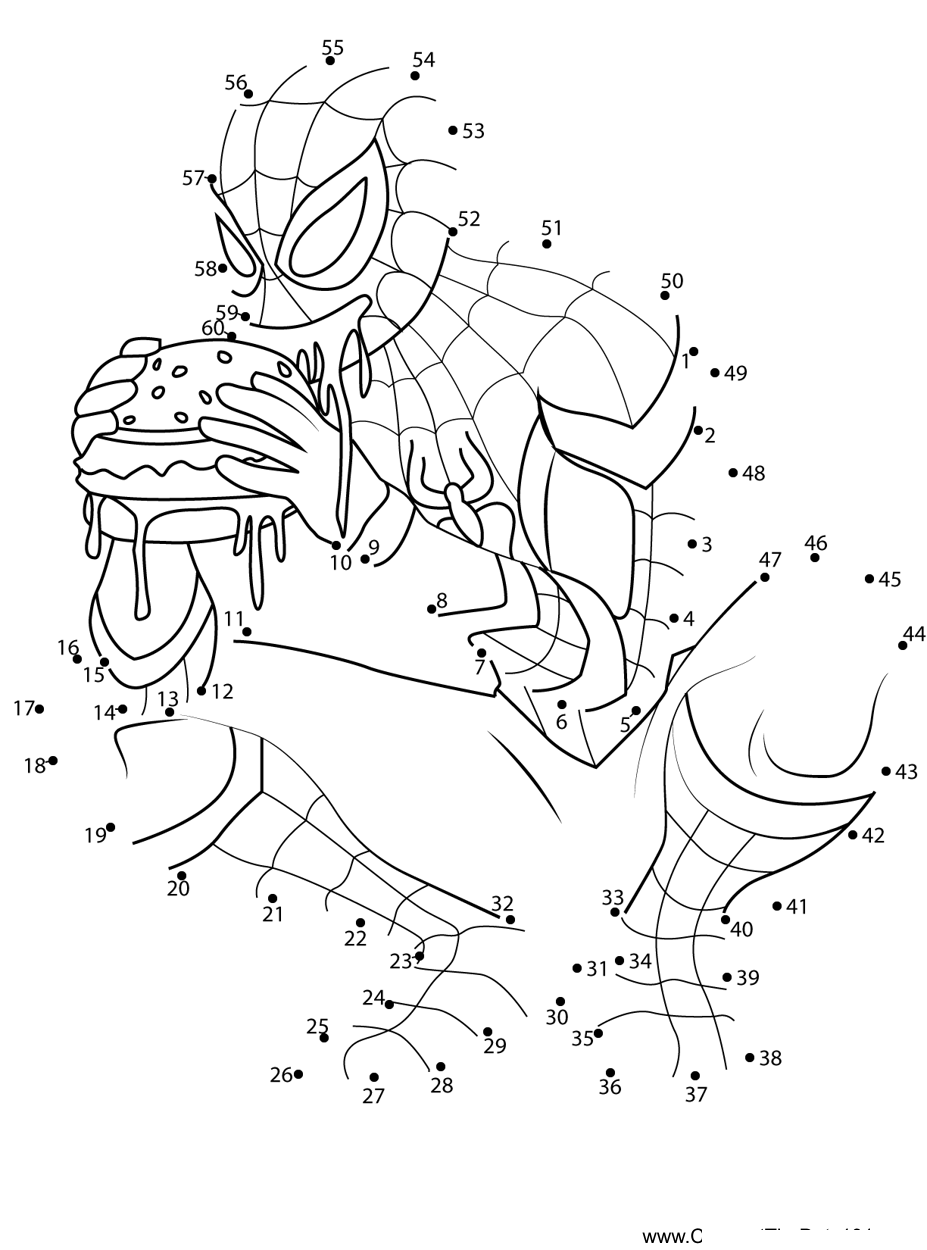 Spiderman-Eating-Burger printable dot to dot worksheet