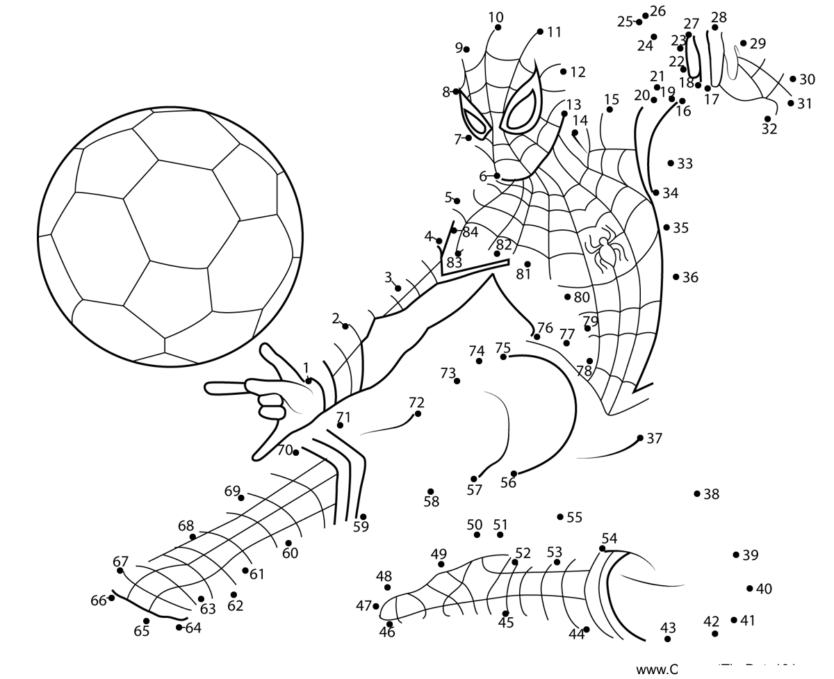 Spiderman-Kicking-A-Ball printable dot to dot worksheet