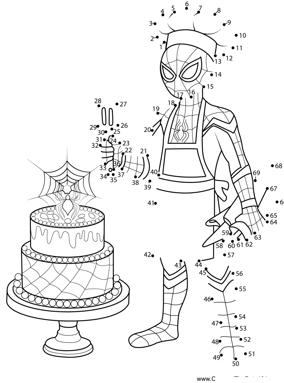 Spiderman-Making-Cake printable dot to dot worksheet