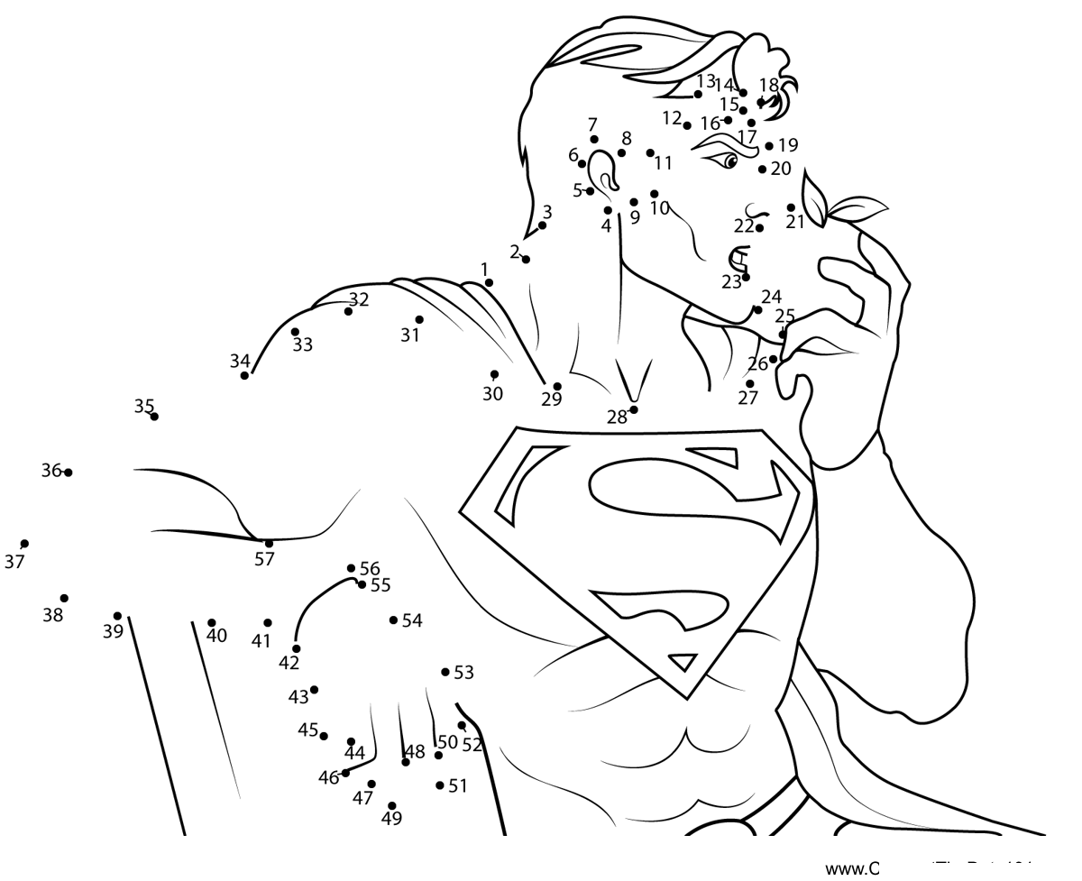 Superman-Eating-Apple printable dot to dot worksheet