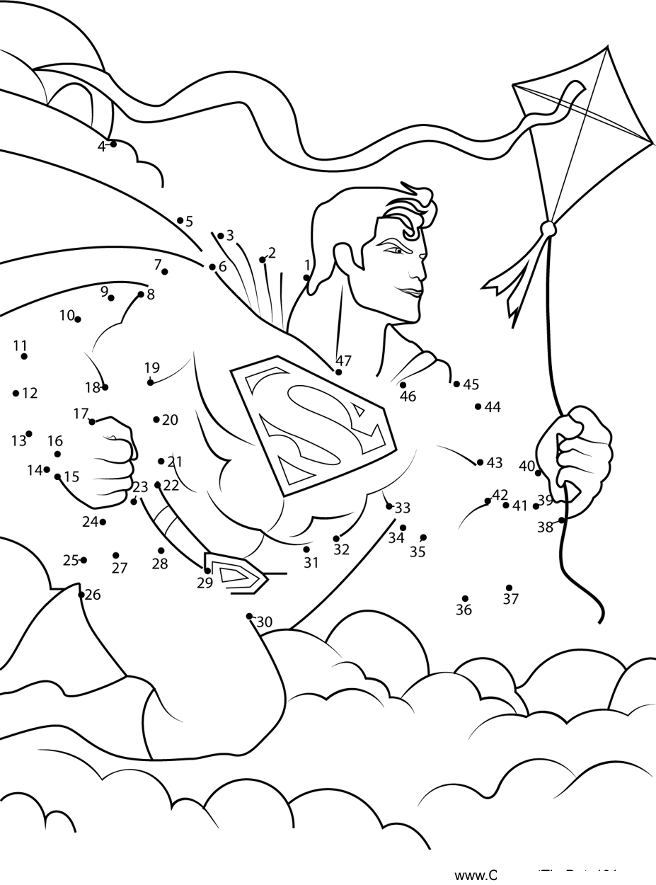 Superman-Holding-Kite printable dot to dot worksheet