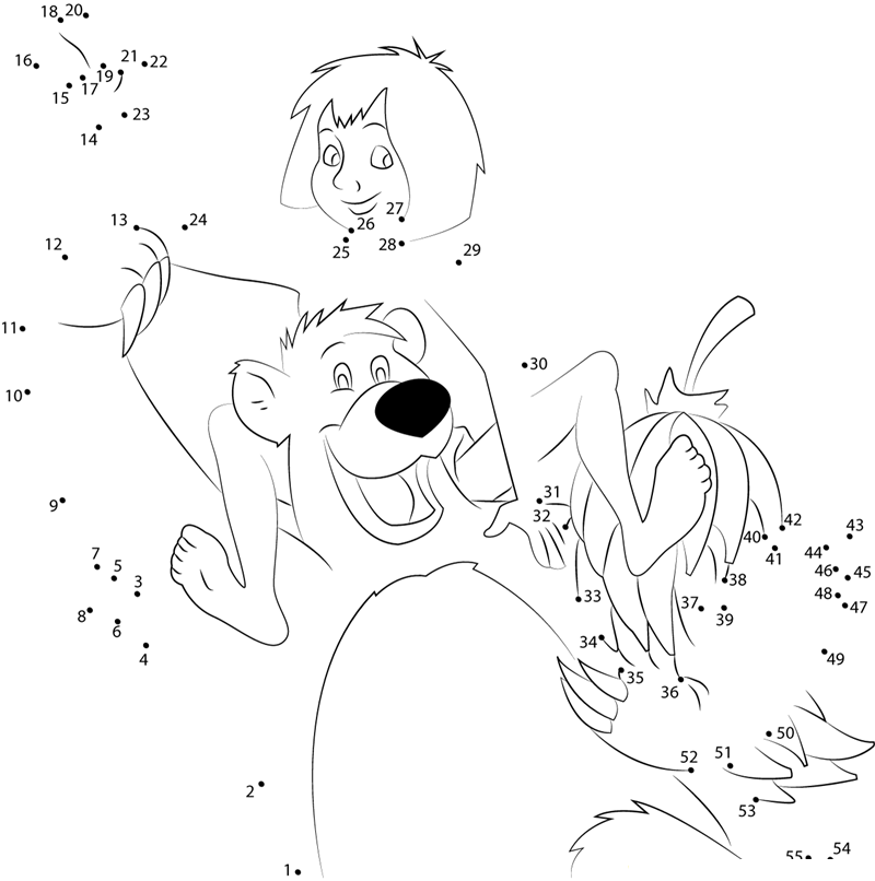 Happy Mowgli And Baloo printable dot to dot worksheet