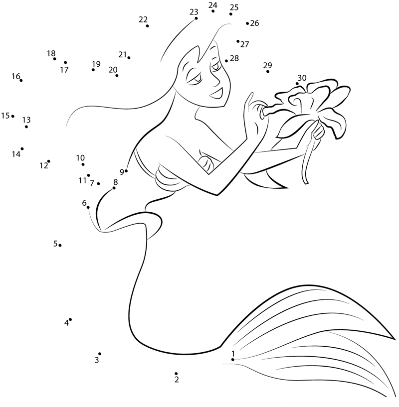 Ariel Having Flowers dot to dot worksheets