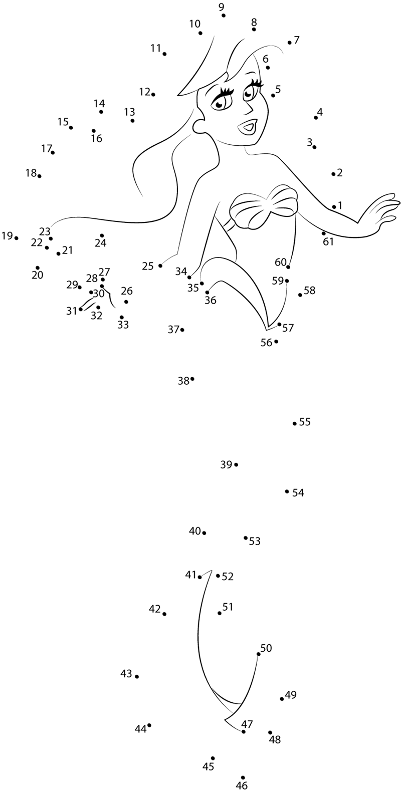 Ariel Little Mermaid dot to dot worksheets