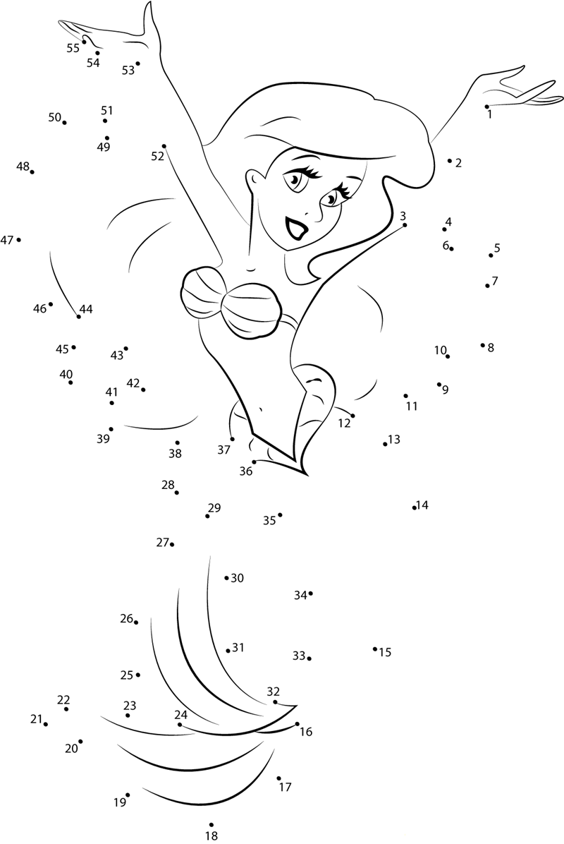 Happy Ariel printable dot to dot worksheet