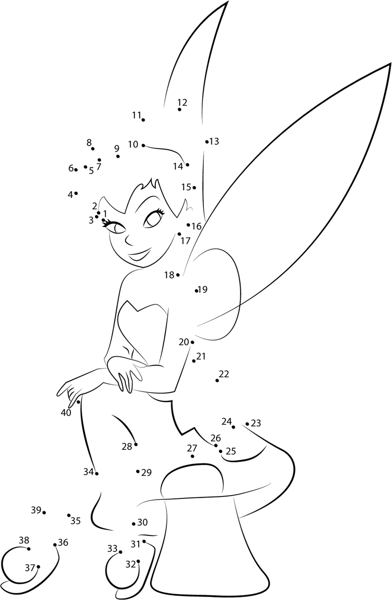 Tinkerbell Sitting On Mushroom dot to dot worksheets