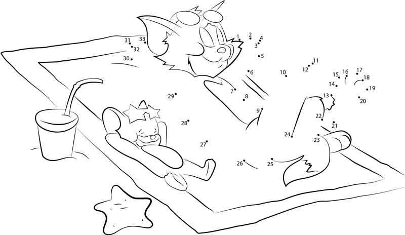 Tom And Jerry Relax On Beach dot to dot worksheets