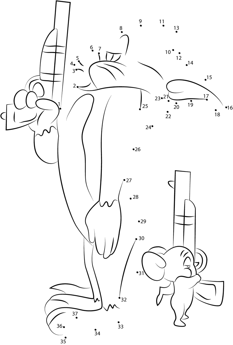 Tom And Jerry With Guns printable dot to dot worksheet