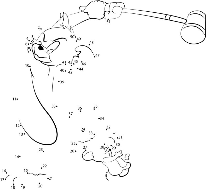 Tom Hitting Jerry With A Hammer printable dot to dot worksheet