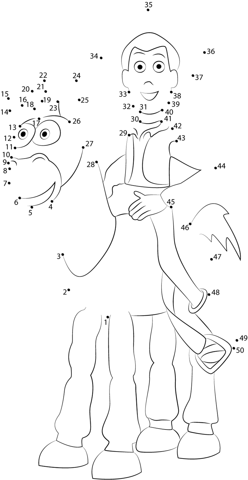 Woody Sitting On Bullseye printable dot to dot worksheet