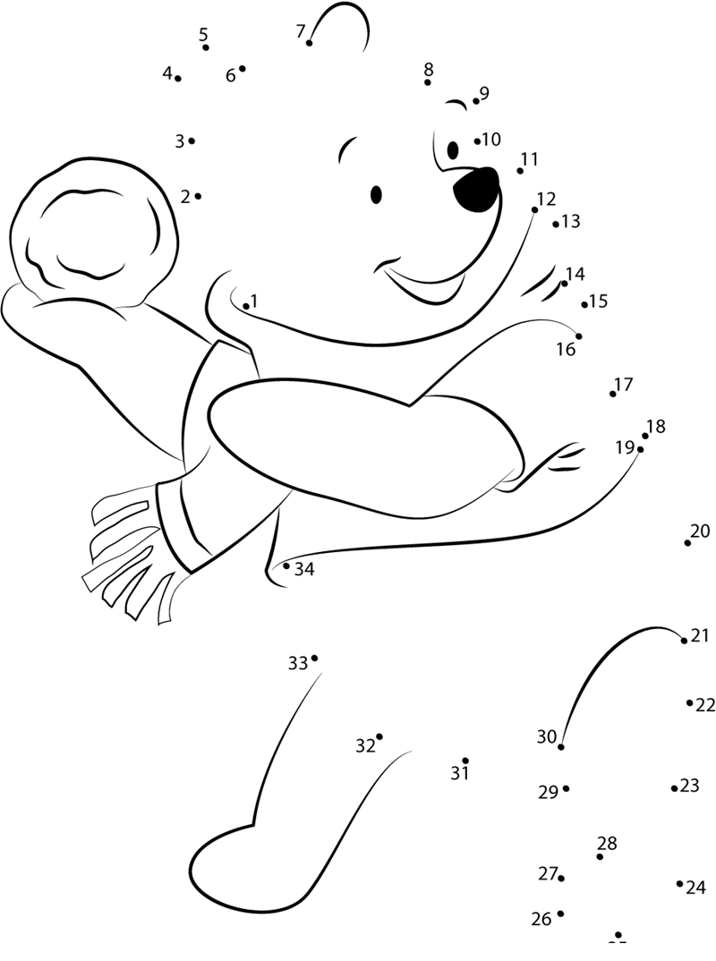 Pooh Bear Playing printable dot to dot worksheet