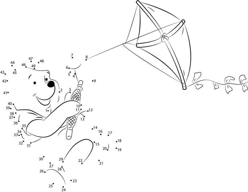 Pooh Bear Playing Kite printable dot to dot worksheet