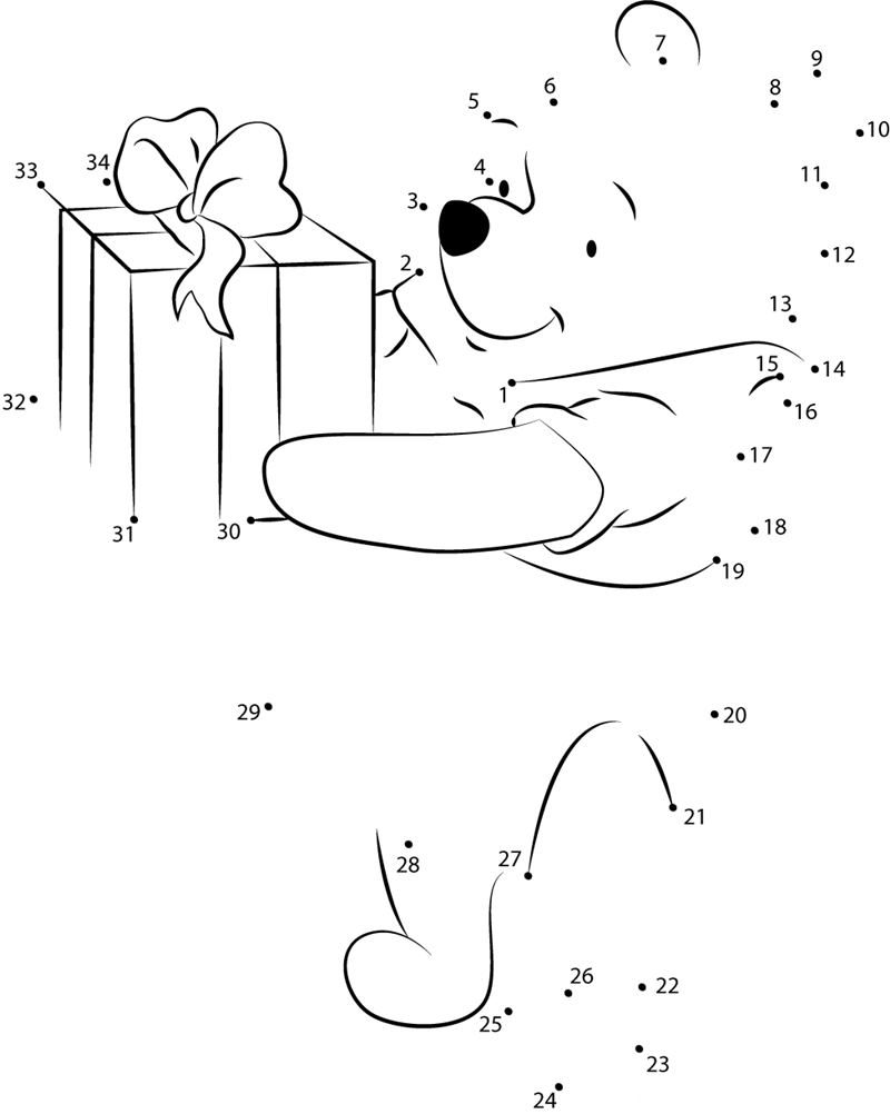 Pooh Bear With Gift printable dot to dot worksheet