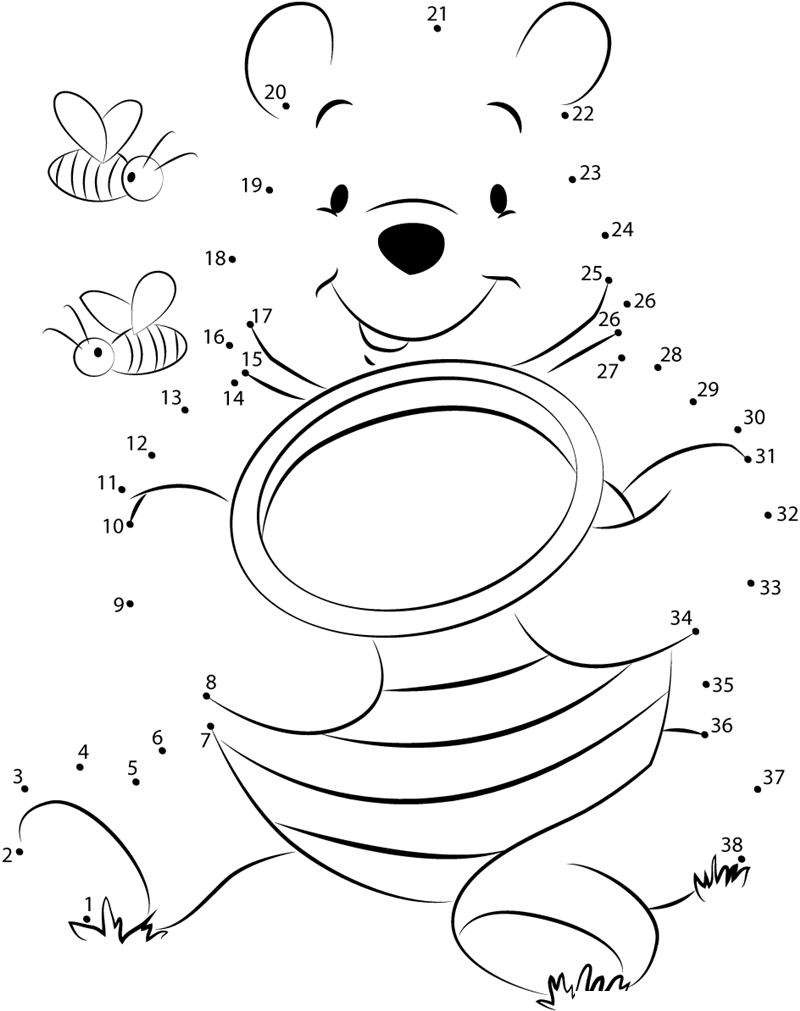 Pooh Bear With Honey printable dot to dot worksheet