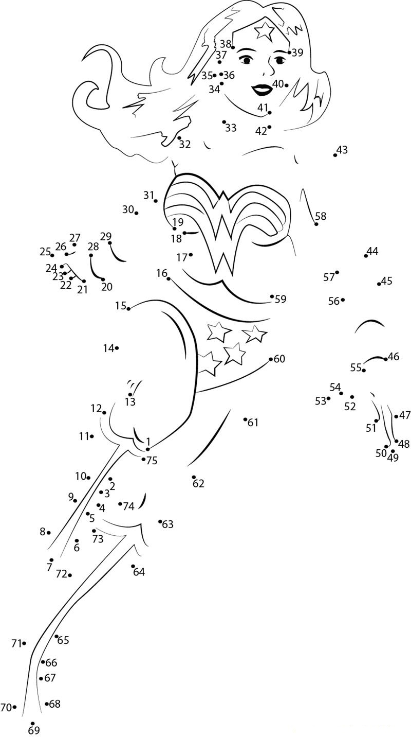 Pretty Wonder Woman printable dot to dot worksheet