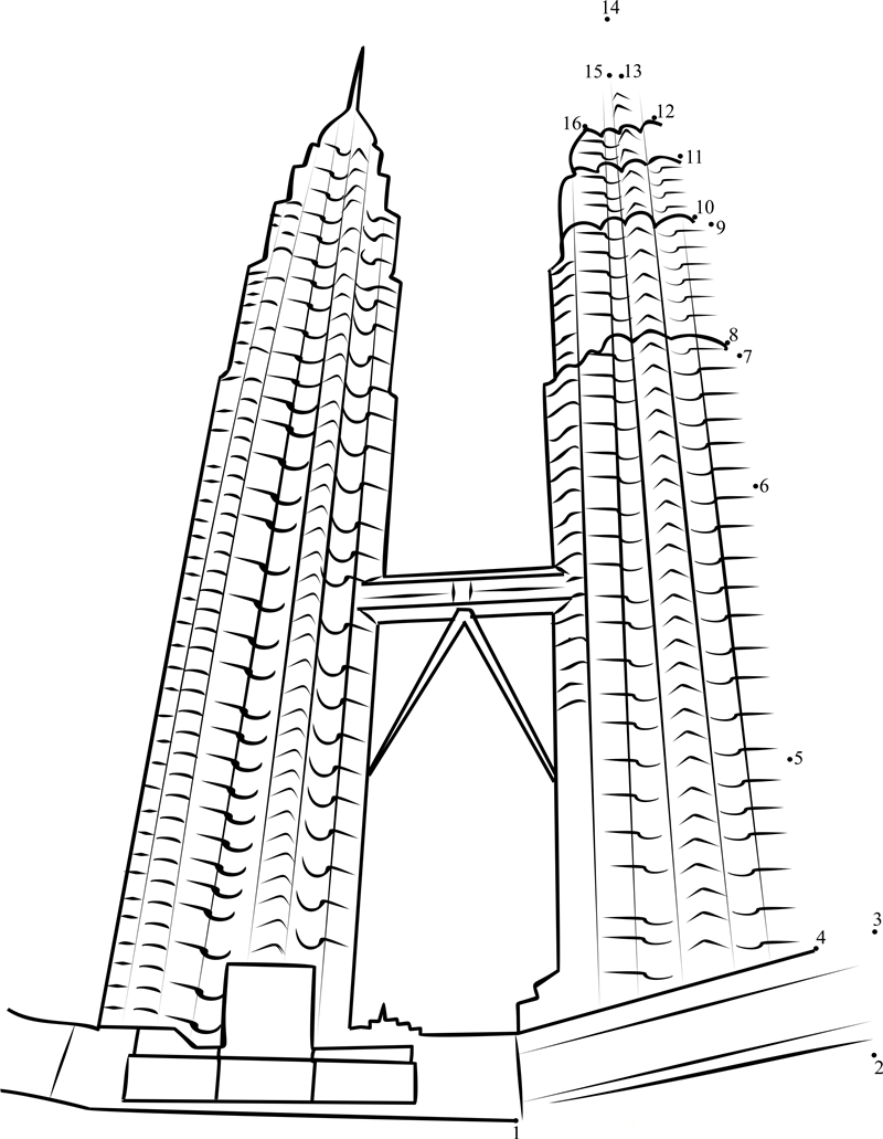 Petronas Towers Kuala Lumpur Malaysia printable dot to dot worksheet