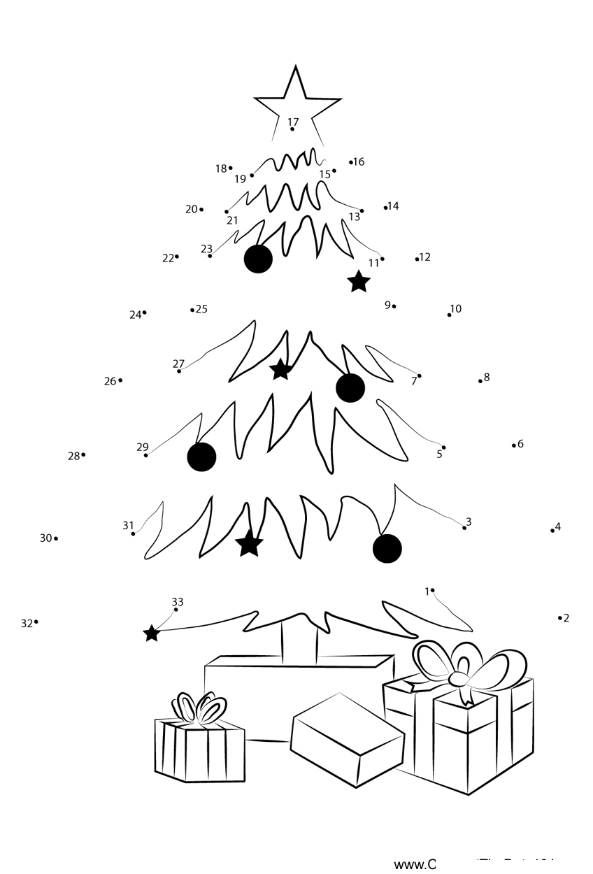 Christmas-Tree-With-Gifts dot to dot worksheets