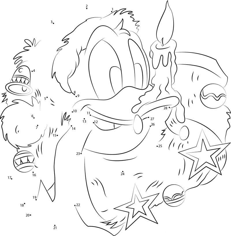 Christmas Candle Up Nose Donald Duck printable dot to dot worksheet