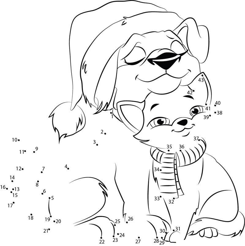 Christmas Cat And Dog printable dot to dot worksheet