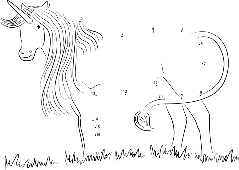 Silver Unicorn Standing In Miisty Forest dot to dot worksheets