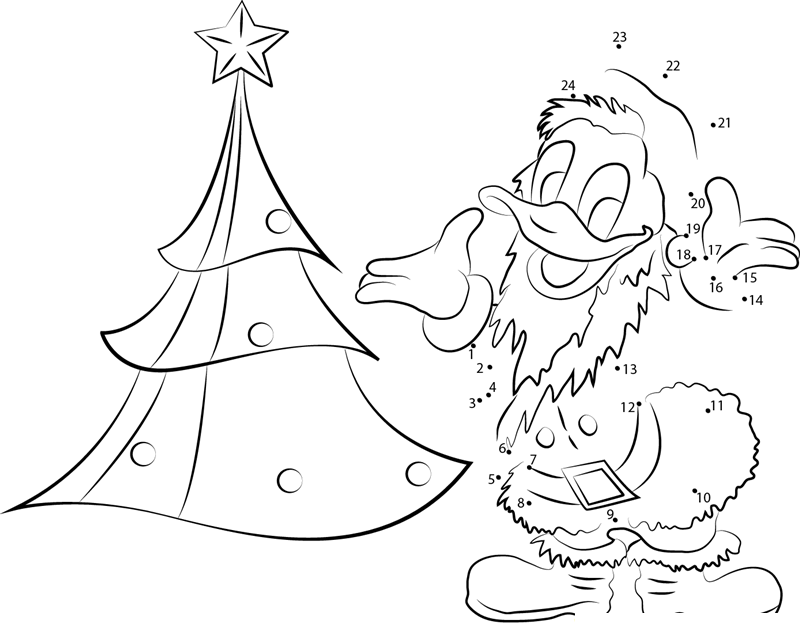 Christmas Tree And Donald Duck So Happy printable dot to dot worksheet