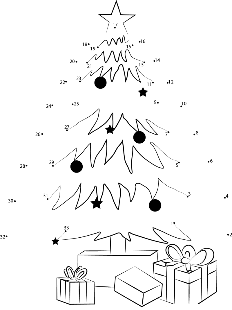 Christmas Tree Decorating And Gifts dot to dot worksheets