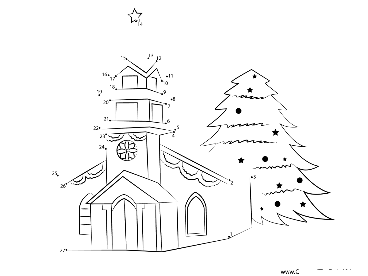 Church-Decorated-On-Christmas printable dot to dot worksheet