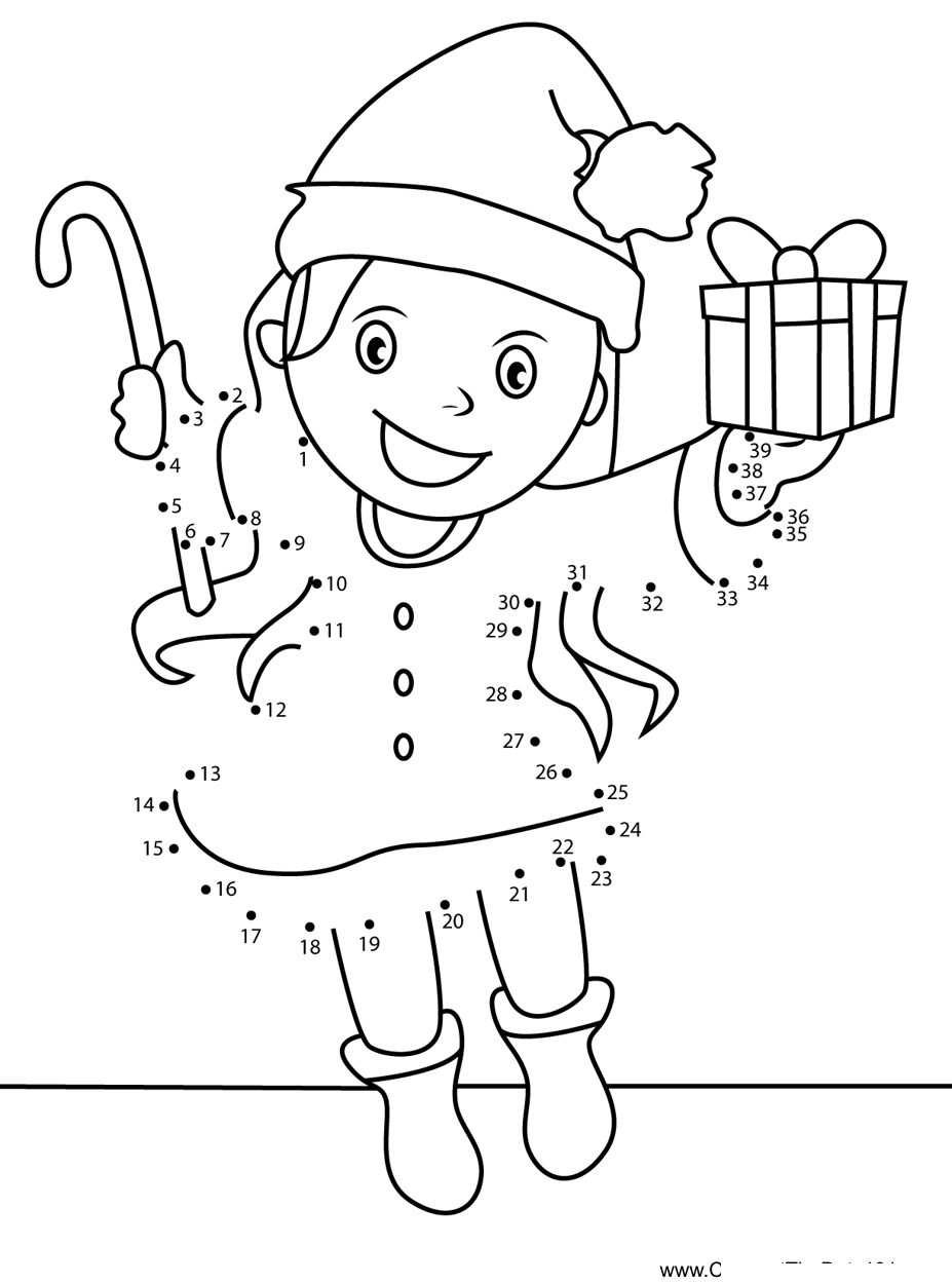 Girl-With-Christmast-Gift printable dot to dot worksheet