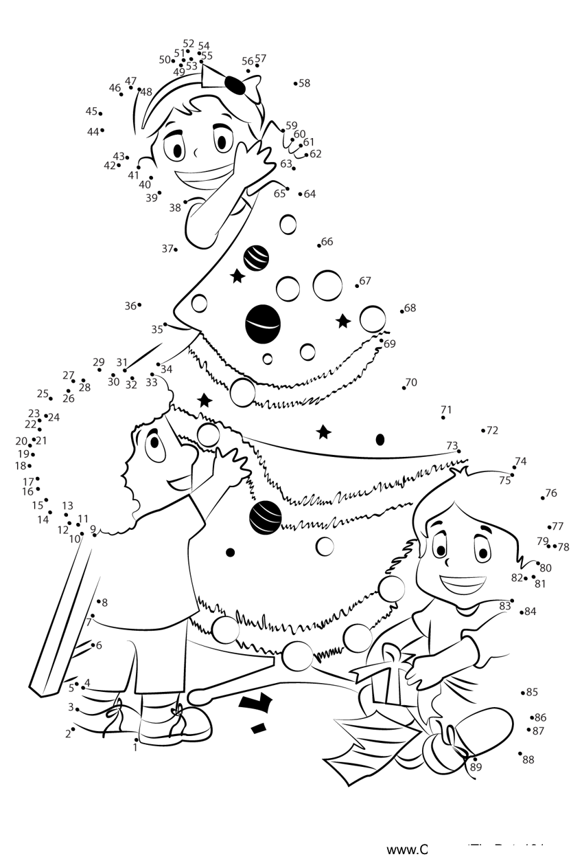 Kids-Decorating-Christmas-Tree dot to dot worksheets