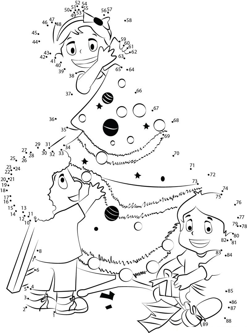 Kids Decorating Christmas Tree printable dot to dot worksheet