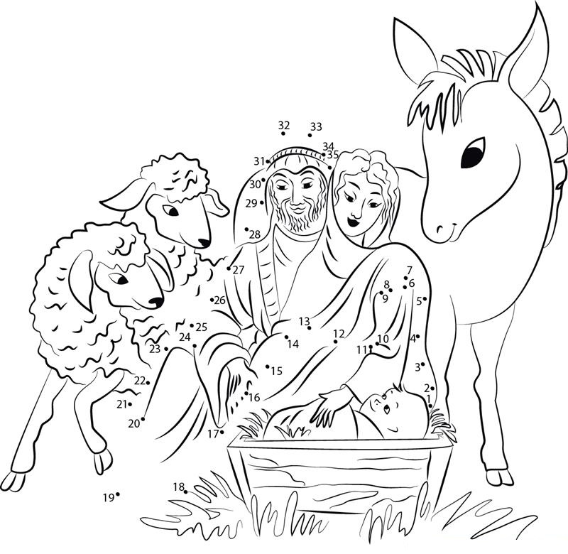 Nativity Scene Holy Family printable dot to dot worksheet