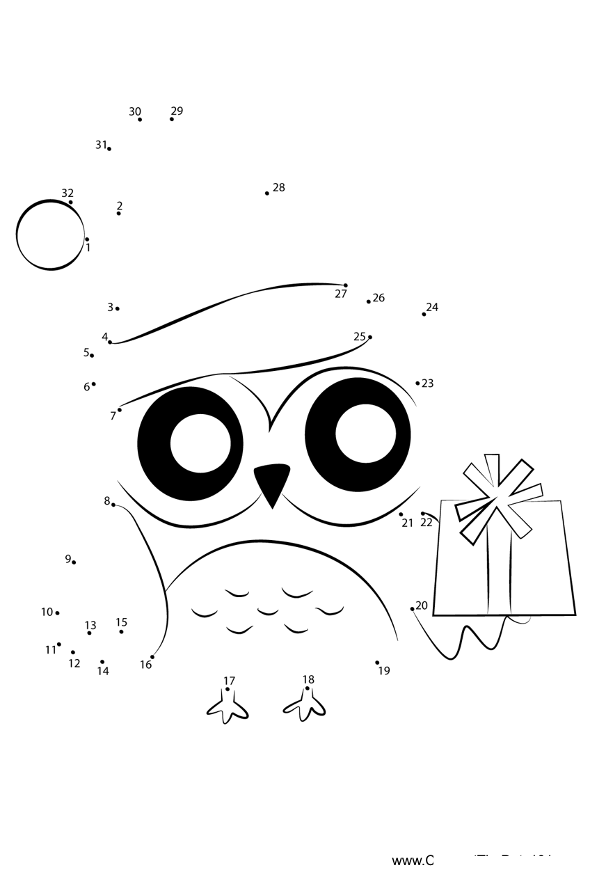 Owl-With-Christmas-Presents printable dot to dot worksheet