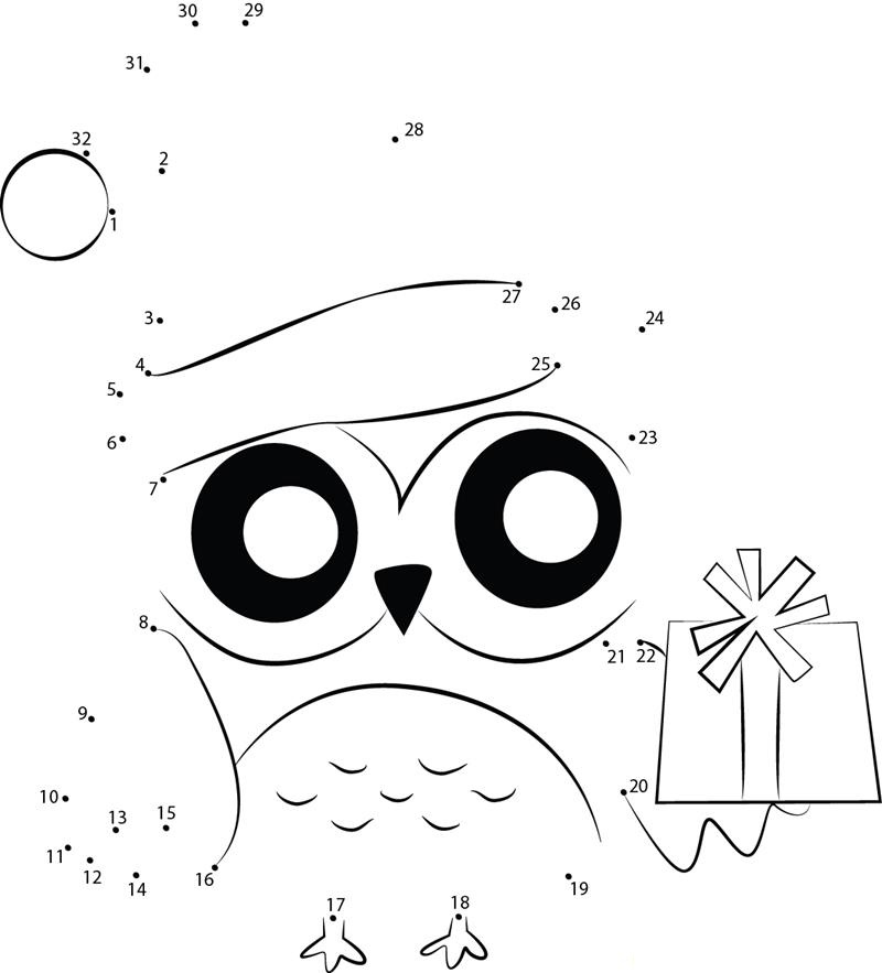 Owl Christmas Present Stitched dot to dot worksheets