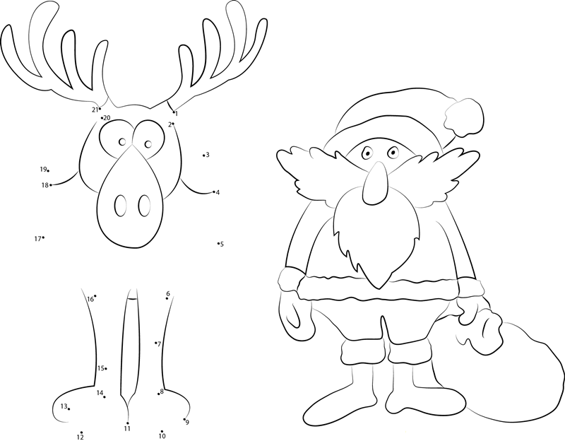 Santa Claus With Deer printable dot to dot worksheet