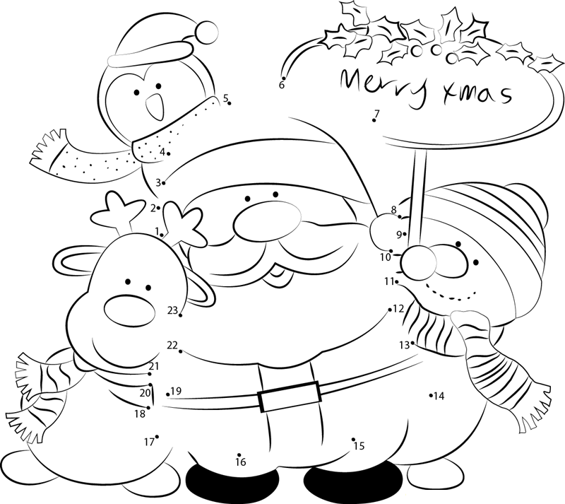 Santa Friends Group printable dot to dot worksheet