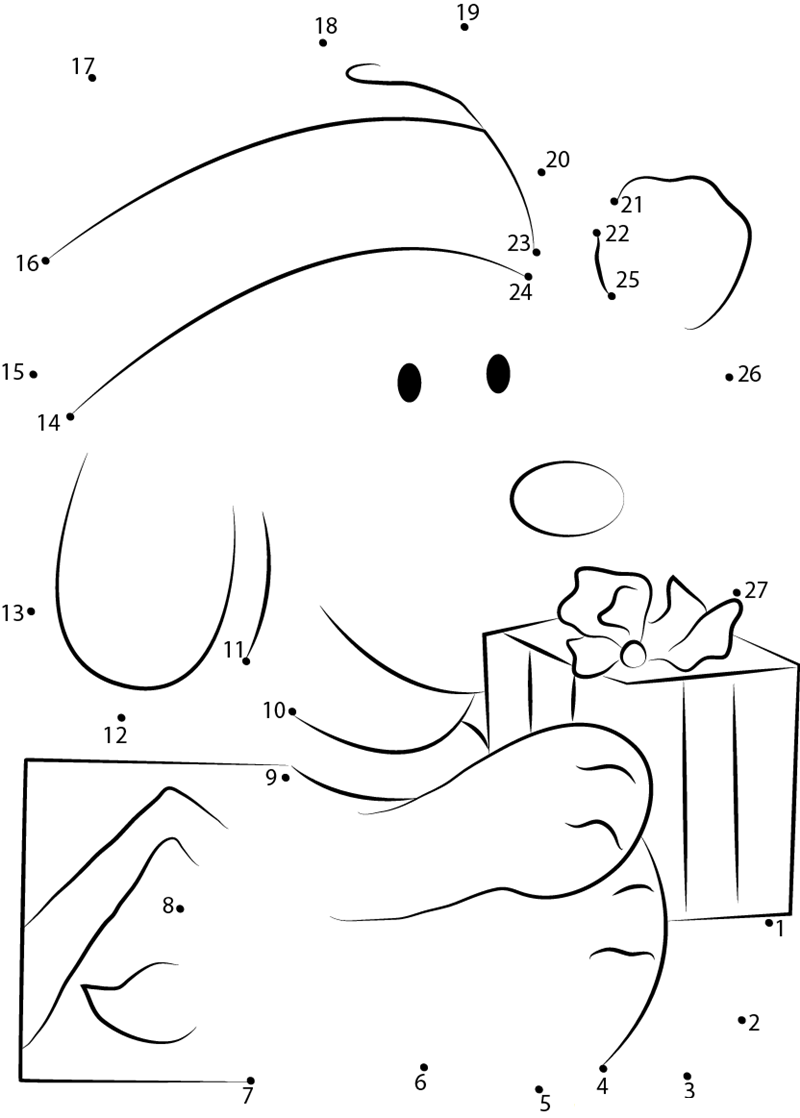 Santa Snoopy Open Gifts printable dot to dot worksheet