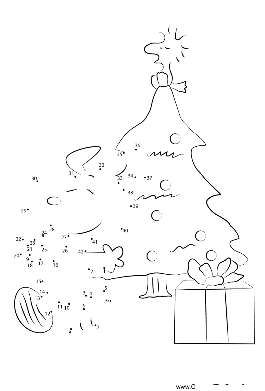 Snoopy-Christmas-Tree printable dot to dot worksheet