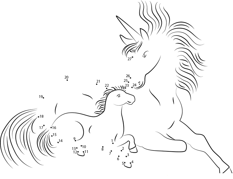 Unicorn With Her Son dot to dot worksheets