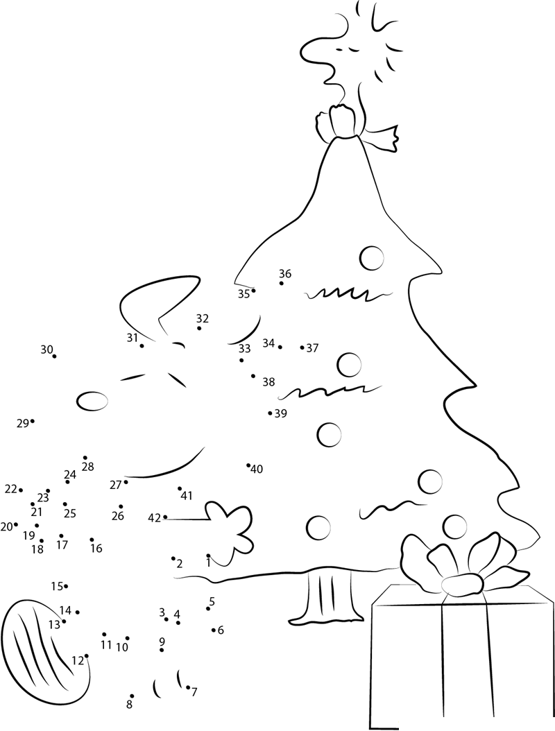 Snoopy Christmas Tree printable dot to dot worksheet