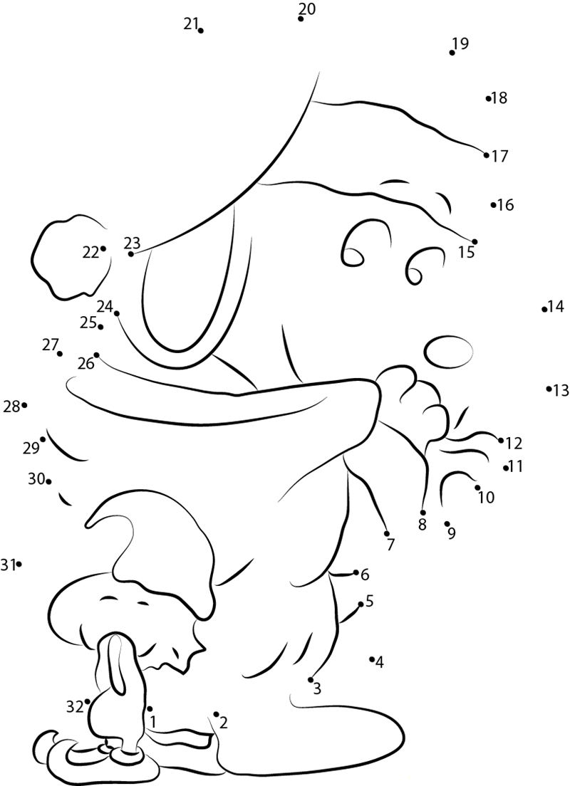 Snoopy Santa Gonig Gift printable dot to dot worksheet