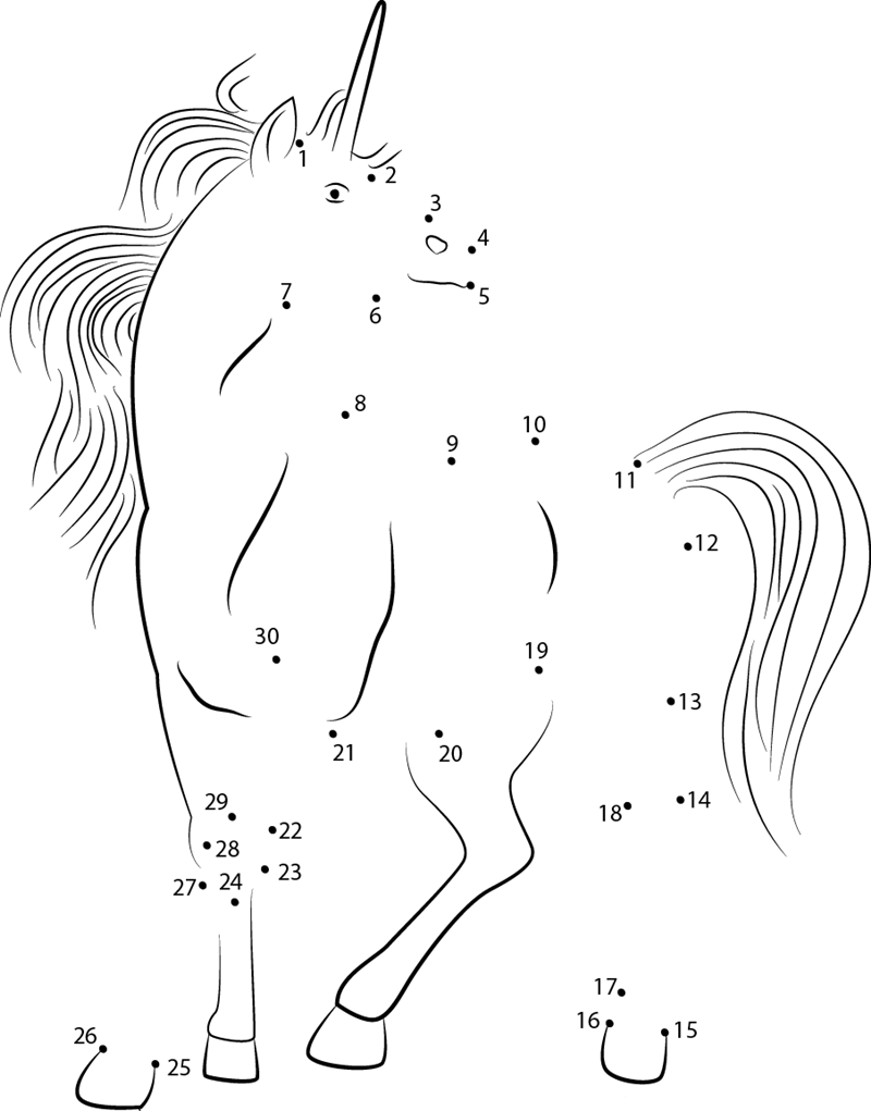 White Unicorn dot to dot worksheets