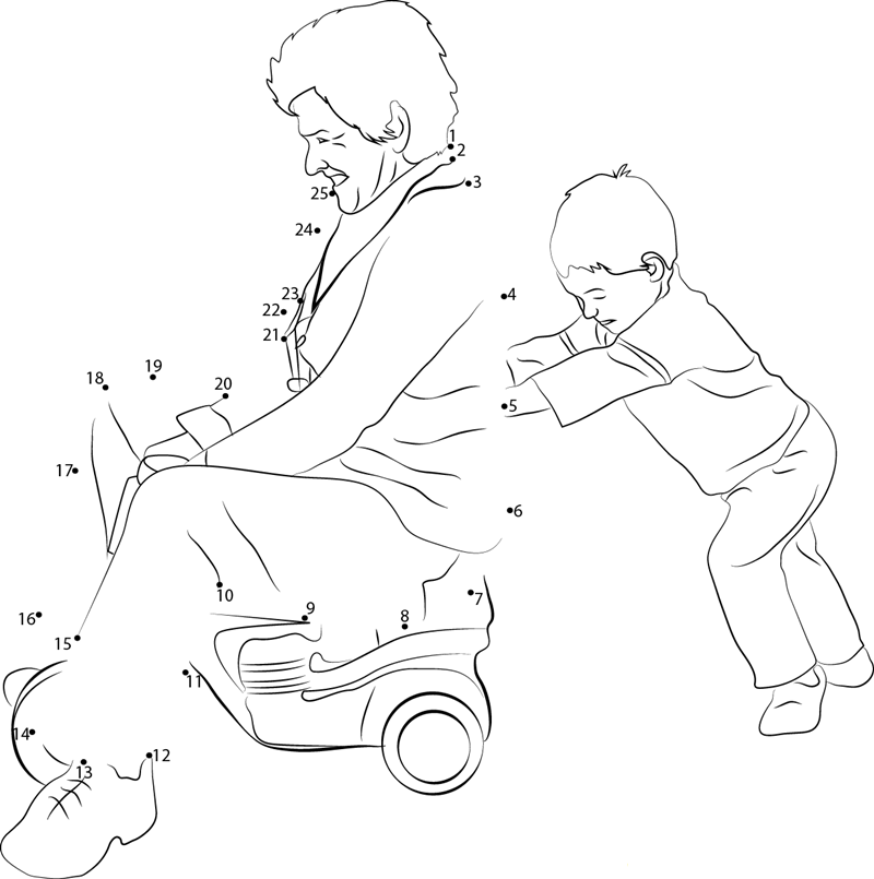 Child Pushing Grandmother printable dot to dot worksheet