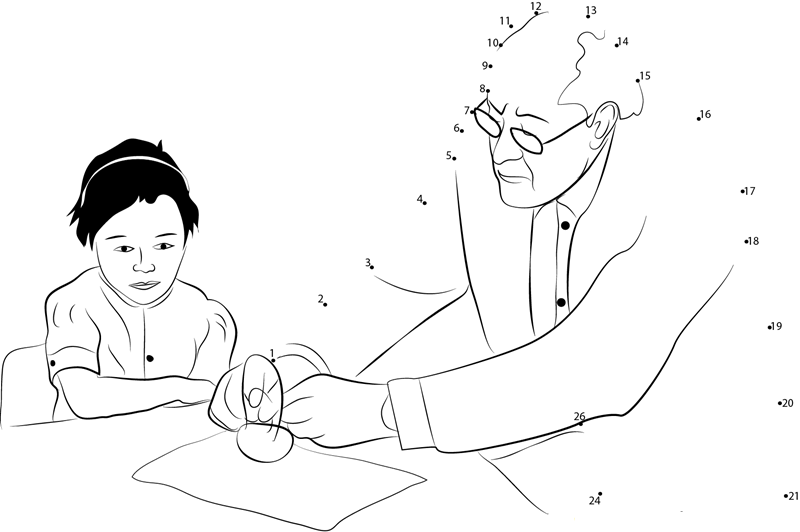 Grandfather Helps Grand Daughter In His Study dot to dot worksheets